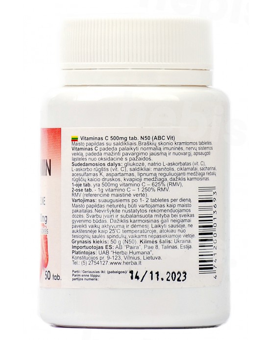 ABC vit Vitaminas C 500 mg, braškių skonio, 50 tablečių