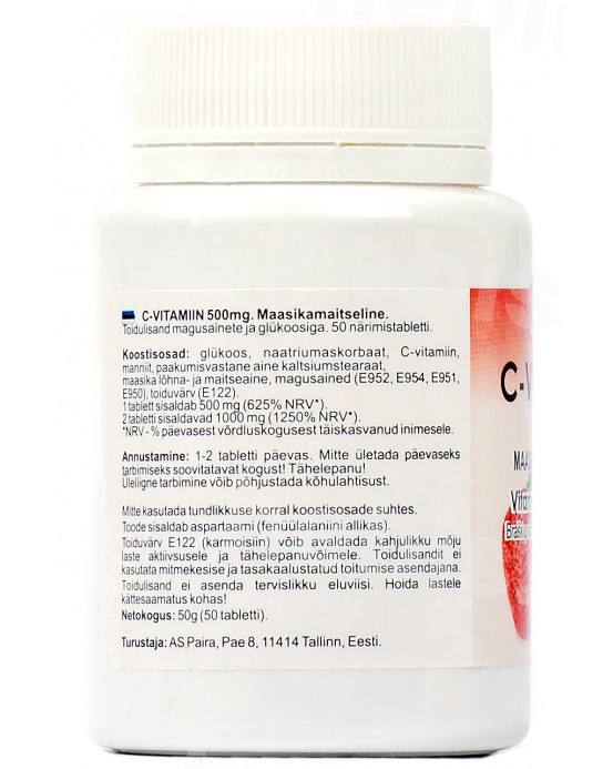 ABC vit Vitaminas C 500 mg, braškių skonio, 50 tablečių