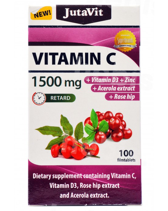 Vitaminas C 1500 mg + Vitaminas D3 + Cinkas + Erškėtuogė + Acerola (Kraštuotoji malpigija), 100 tablečių