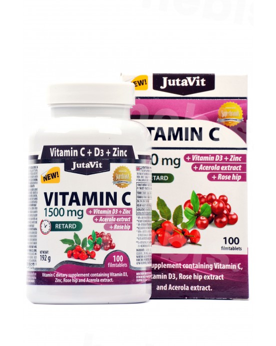 Vitaminas C 1500 mg + Vitaminas D3 + Cinkas + Erškėtuogė + Acerola (Kraštuotoji malpigija), 100 tablečių