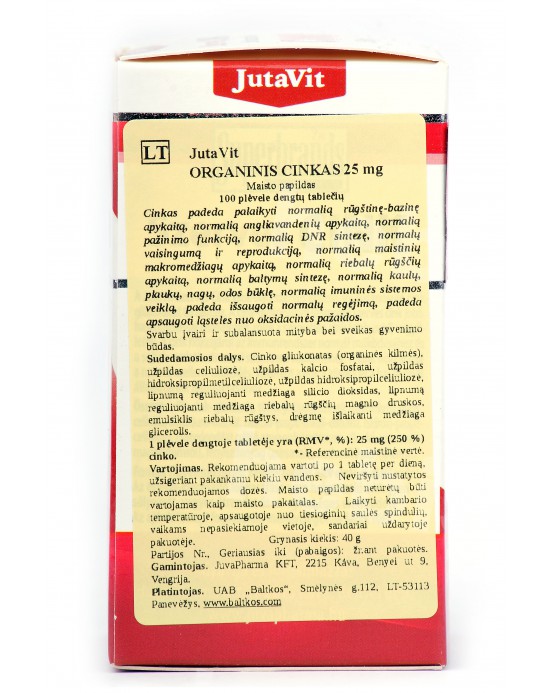 Organinis cinkas, 25 mg, 100 tablečių