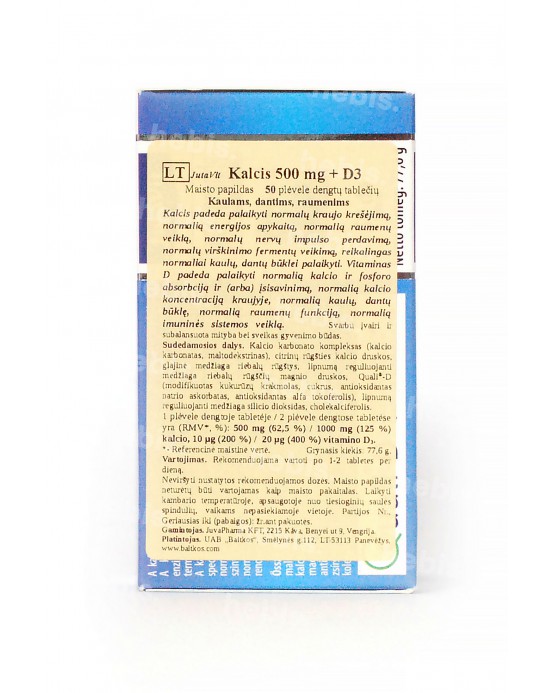 Kalcis 500 mg + Vitaminas D3, 50 tablečių