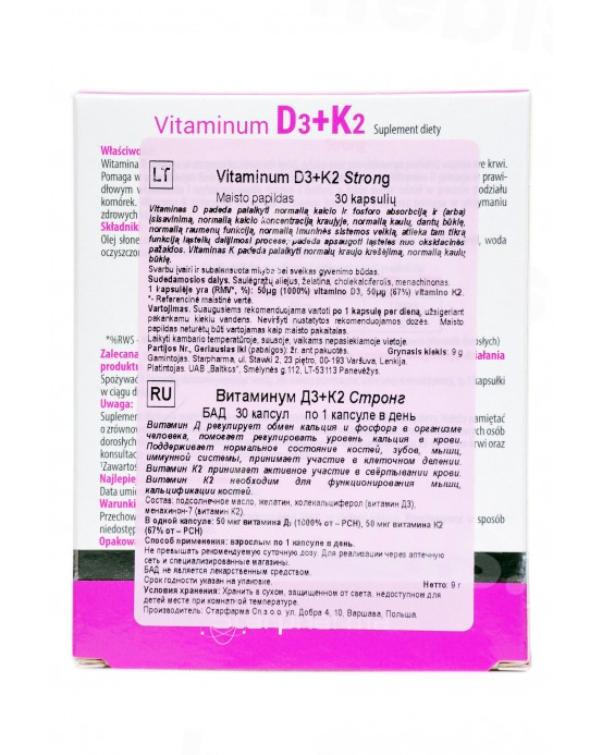 Vitaminum D3+K2 strong, 30 kapsulių