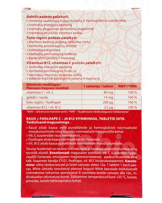 Geležis + folio rūgštis + vitaminai B12 ir C, 30 tablečių